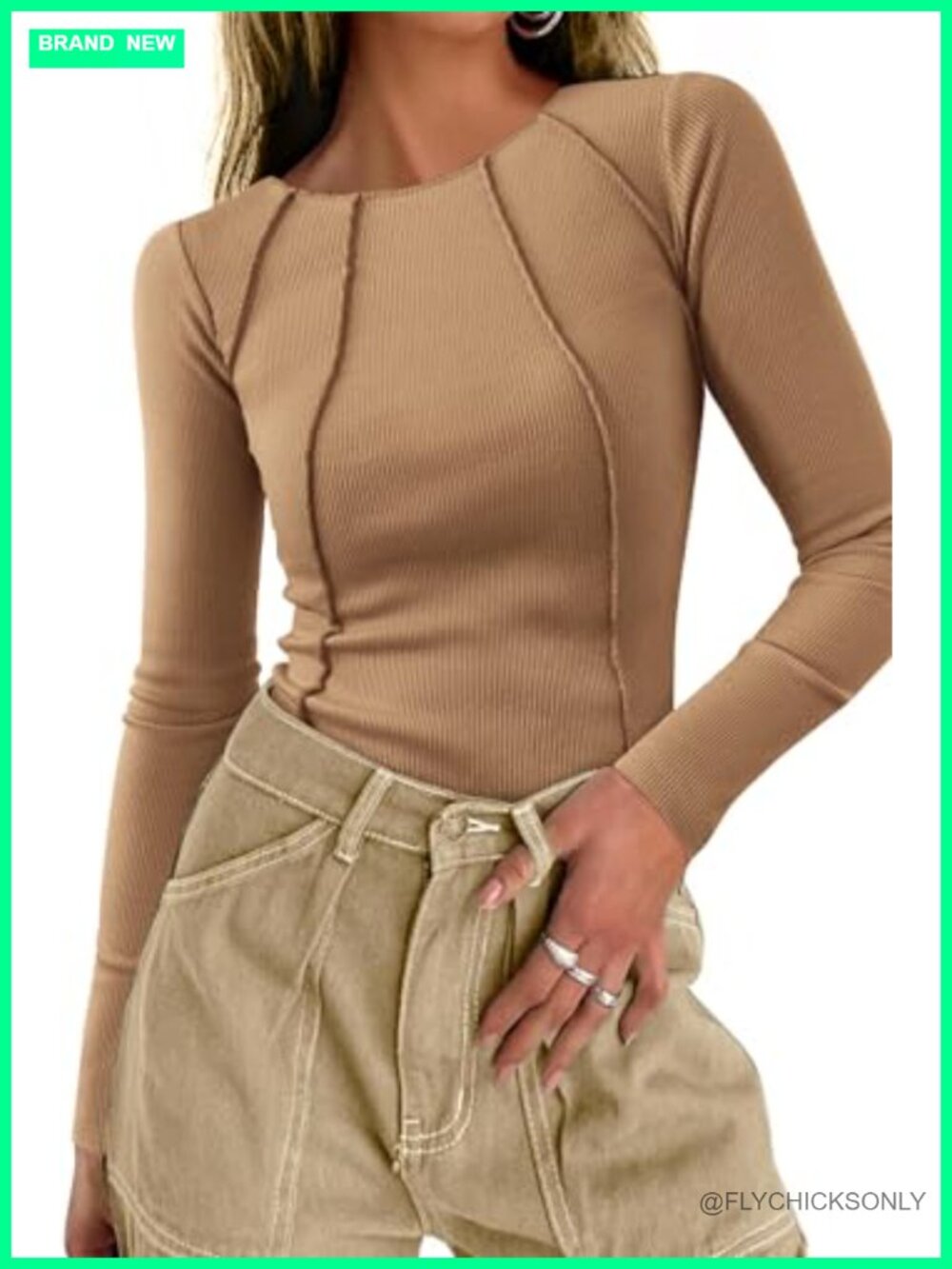 Ribbed Long Sleeve Fitted Crop Top Women Exposed Seam Knit